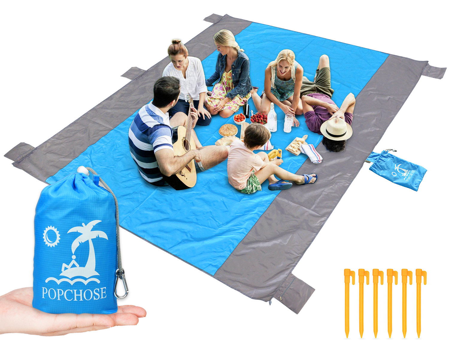 Large Sandproof Beach Mat for 4-7 Adults Outdoor Blanket for Travel Hiking POPCHOSE Sandfree Beach Blanket Waterproof Pocket Picnic Blanket with 6 Stakes Camping 